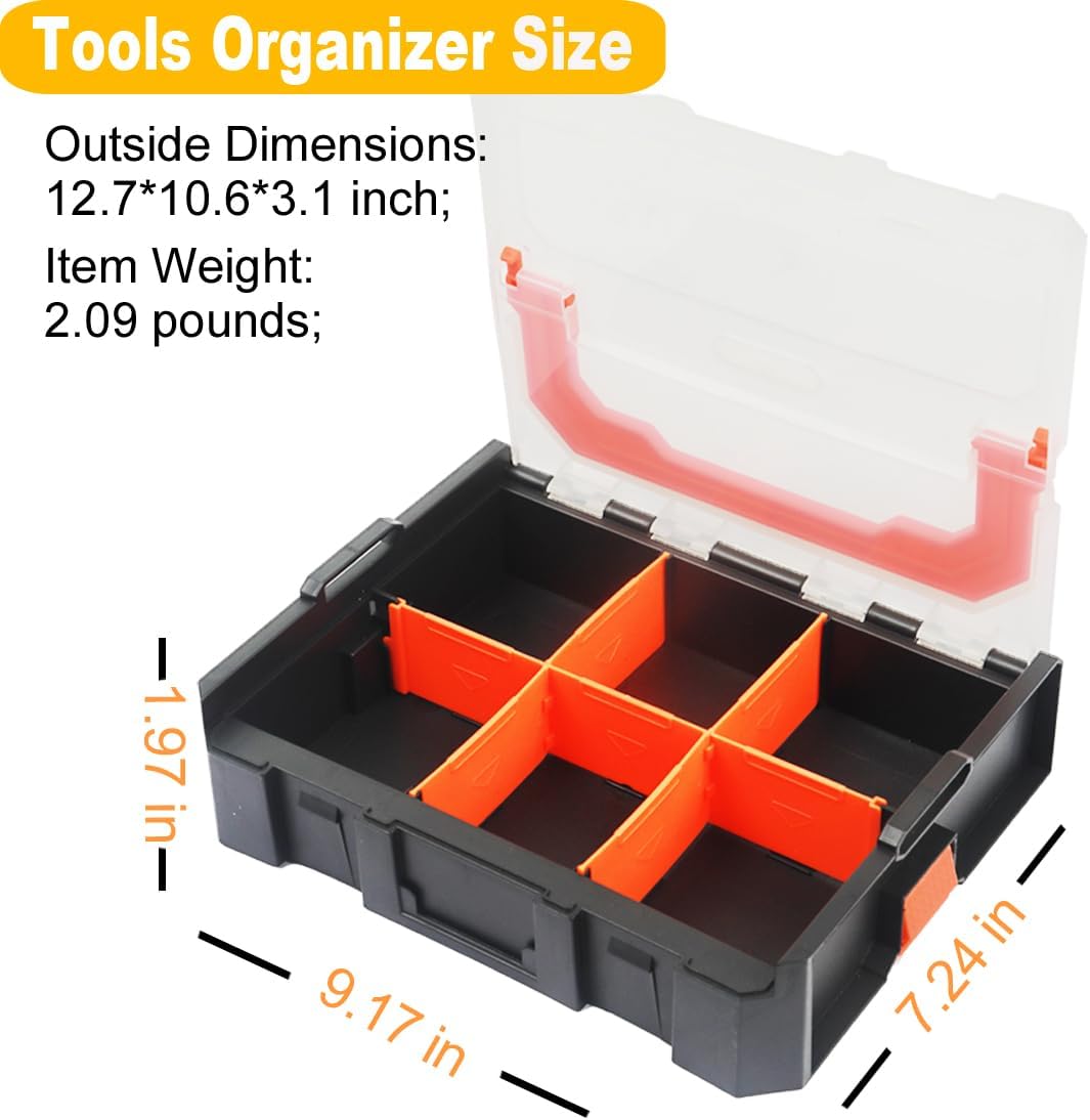 Small Parts Organizer, 6-Compartments Parts Organizer, Stackable, Removable Dividers for Hardware(2 PCS)