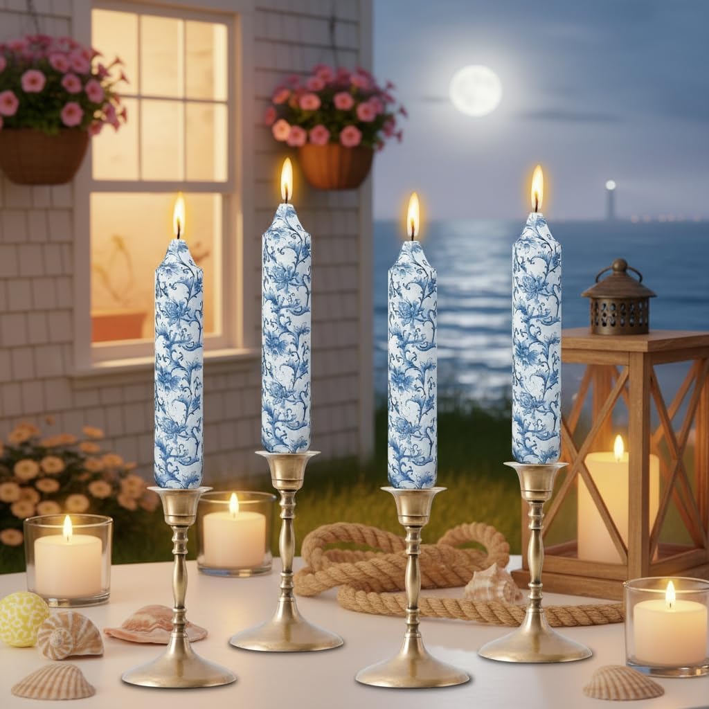 7 Inch Blue and White Tapered Candles Short Floral Candle Sticks Hand Poured Unscented Smokeless Clean Burning Candles for Dining Table Everyday Meals Family Dinner Elegance