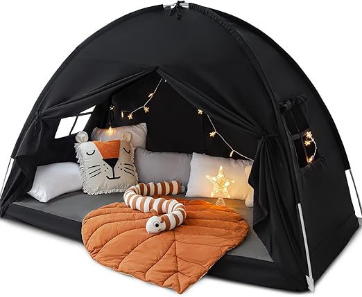 Sherilyn Twin Size Bed Canopy Bed Tents Dream Tent on Bed Privacy Space Blackout Sleeping Tents Indoor Breathable Portable Cottage Drafty Room Floor Bed Tents (Black)