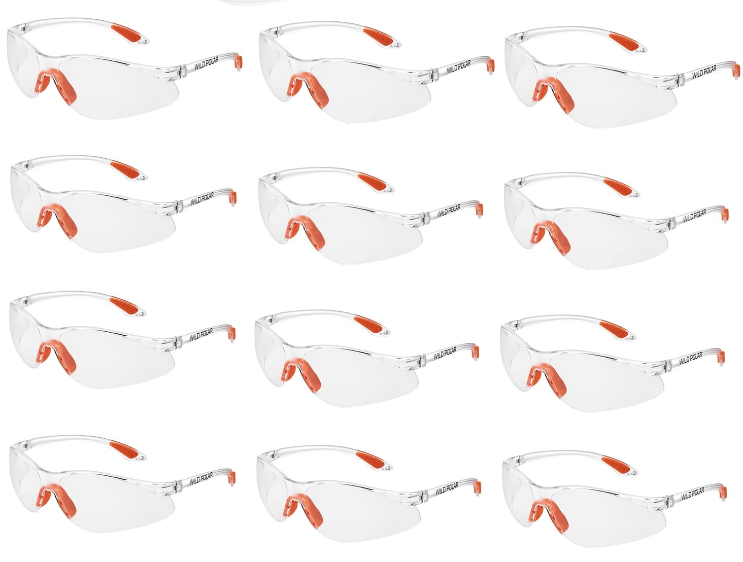 Wild Polar Safety Glasses, Clear Lenses, Anti-Fog Eye Protection Goggles with Orange Nose and Ear Grips, 12, 24 & 48 packs
