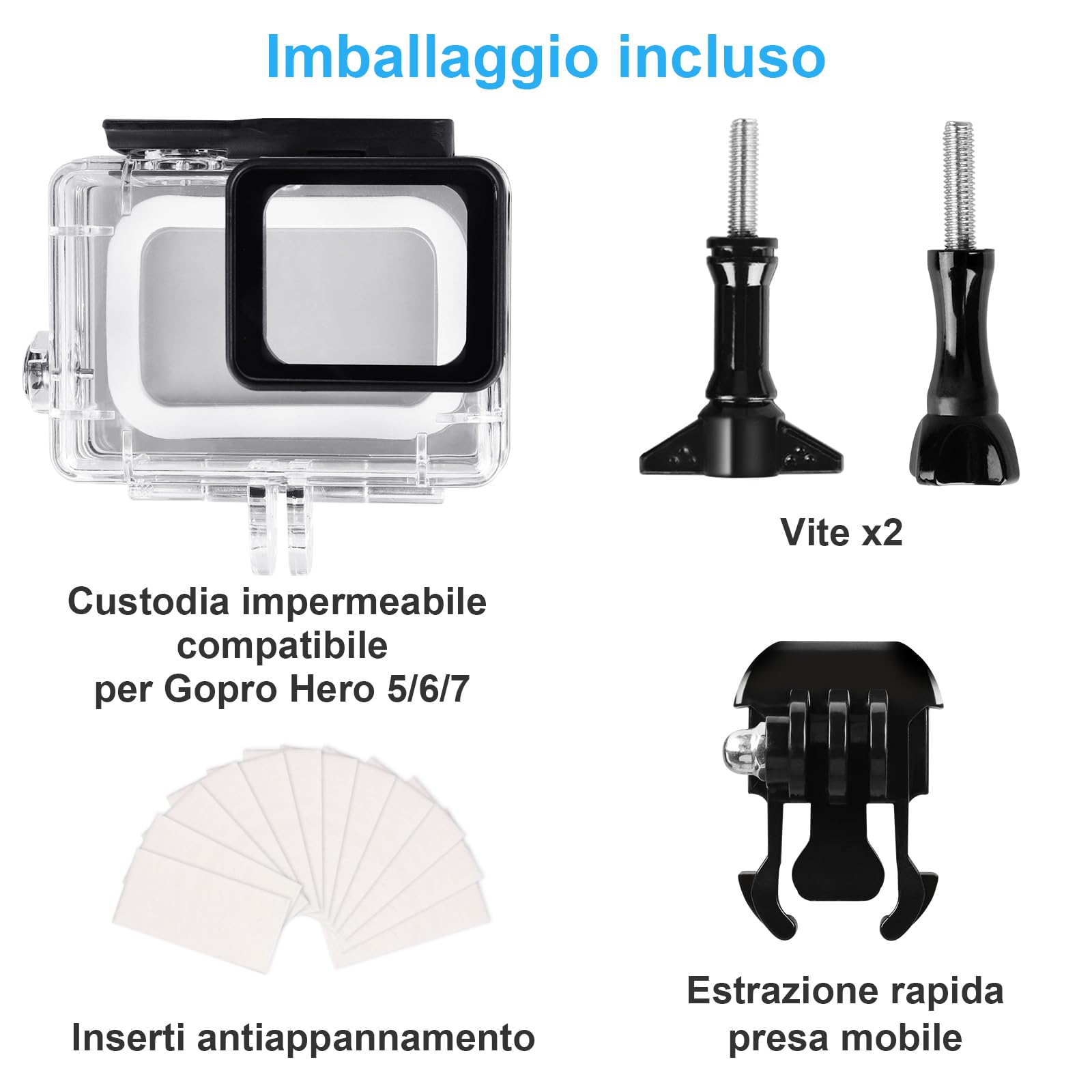 Custodia Protettiva Impermeabile per GoPro Hero 5/6/7, 60m Custodia Subacque Accessori Include Supporti Viti e 12 Inserti Antiappannamento per GoPro Hero 5/6/7 Fotocamera Digitale