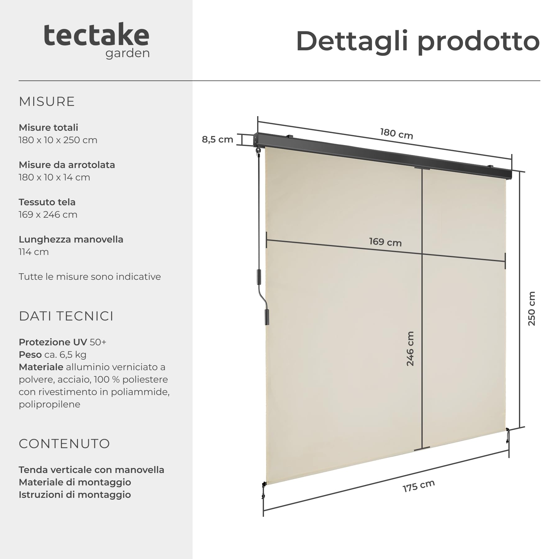 Tectake Tenda da Sole Verticale a Rullo con Manovella 180x250 cm Beige Impermeabile Protezione UV