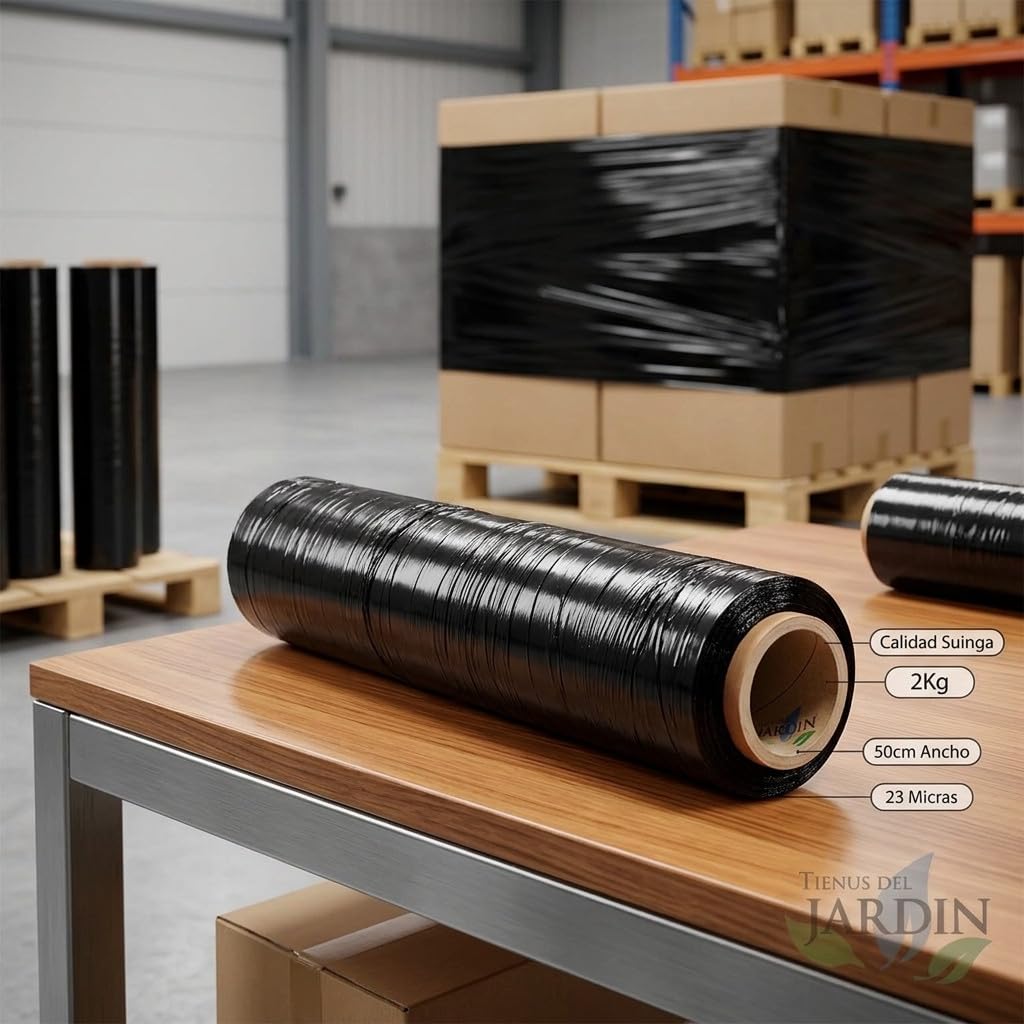 Suinga Pack 6 Film Estirable Negro para Paletizar 2 Kg | Ancho 50 cm | Espesor 23 Micras | Plástico Protector para Embalaje Industrial | Film de Envoltorio para Palets y Transporte de Mercancías