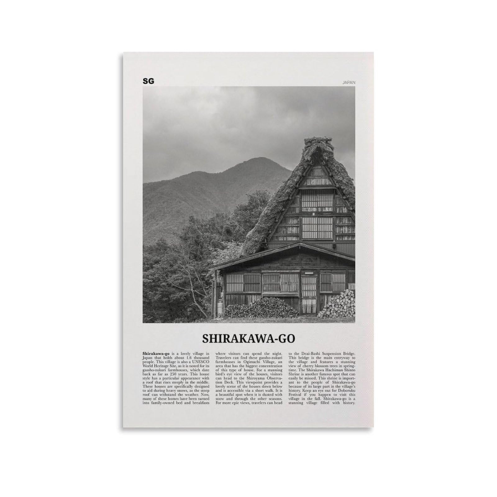 Shirakawa-go Imprimir Blanco y Negro, Shirakawa-go Arte de la Pared, Cartel de Shirakawa-go, Foto de Shirakawa-go decoración de Shirakawa-go Mapa de Shirakawa-go Japón Lienzo WA
