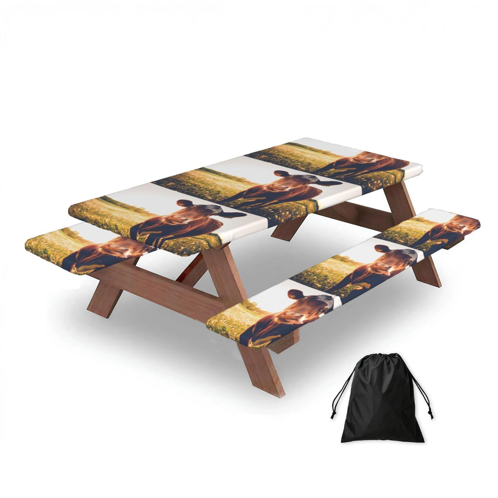 Dopklna As Picture Animal Cow, Picnic Table Cover With Bench Covers -Waterproof Elastic Fitted Tablecloth For Garden Camping Patio 76X152cm