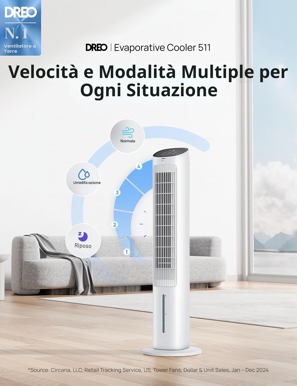 Dreo Ventilatore a torre con raffreddamento silenzioso, ventilatore con raffreddamento ad acqua, 40 pollici, refrigeratore evaporativo con funzione girevole a 80°, 3 modalità, 4 velocità, telecomando