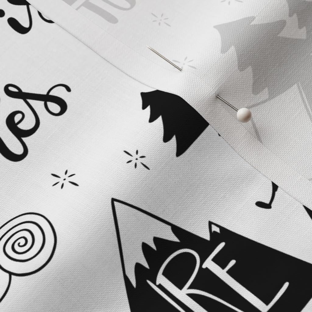 Spoonflower Fabric - Adventure Out White Background Black Nursery Woodland Campfire Camping Printed on Petal Signature Cotton Fabric Fat Quarter - Sewing Quilting Apparel Crafts Decor