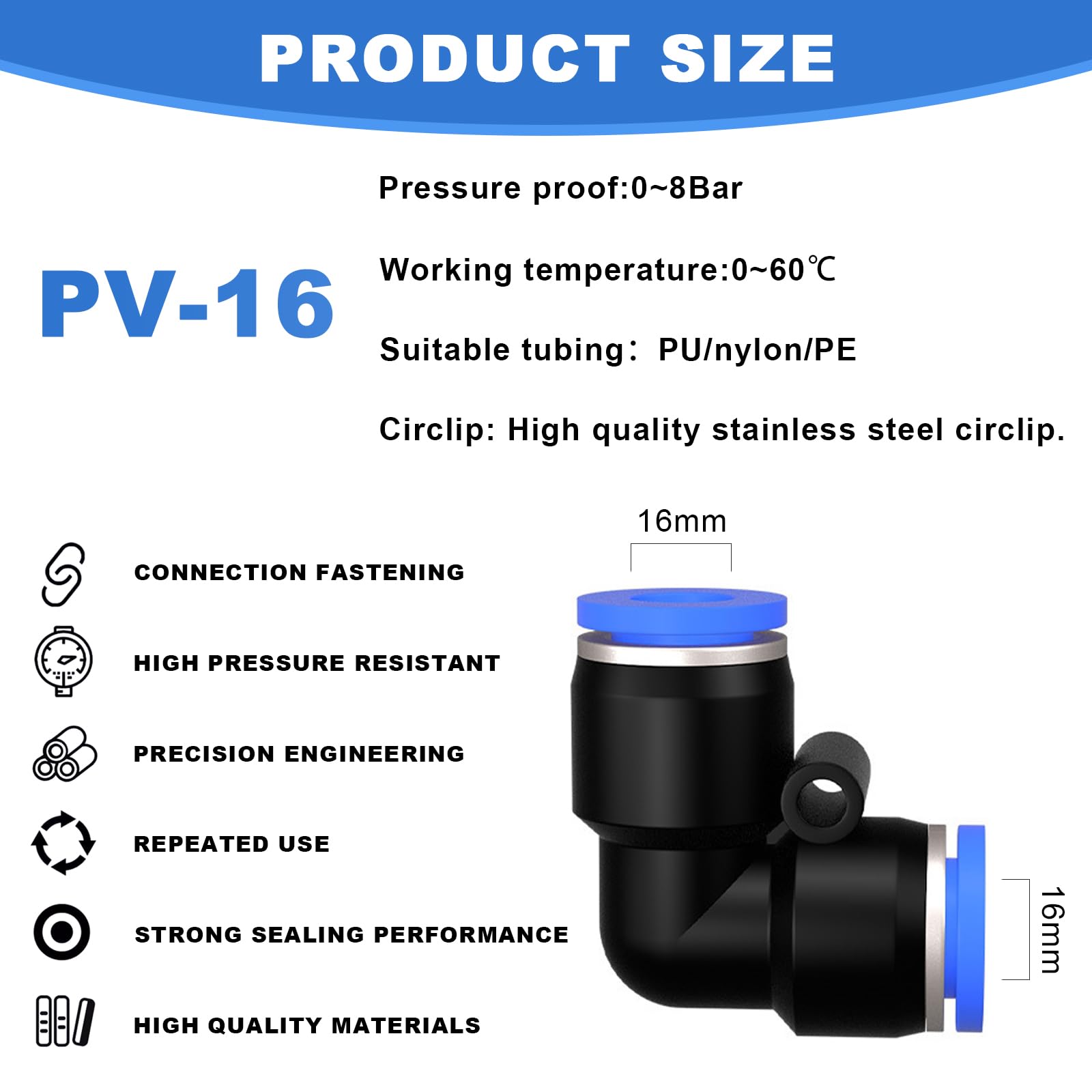 Lot de 10 connecteurs pneumatiques coudés à 90° - 16 mm - Fixation rapide - Adaptateur de conduite d'air PV - Adaptateur Push to Connect - Raccords à libération rapide (10, PV-16 mm)