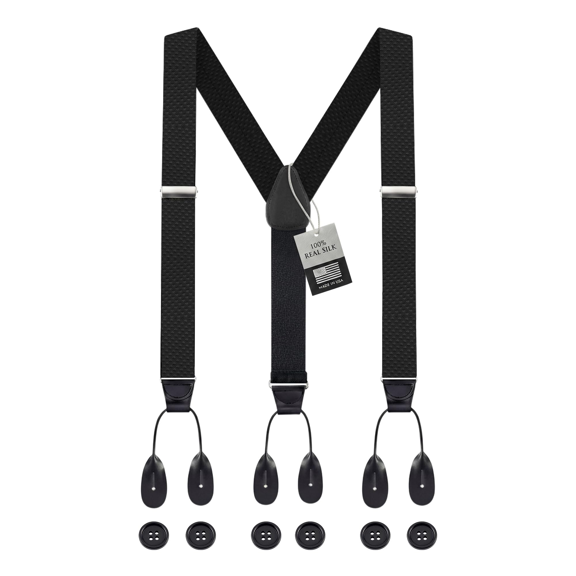 Hold'em Men's Black Pin Dot 100% Silk Suspenders For Y - Back Fancy Solid Button End Dress Suspender Made In Usa – Many Colors And Designs Perfect For Tuxedo - Xl