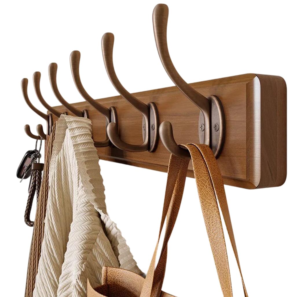 Zhouxiao Brown Wood Coat Rack Wall Mount, Walnut Wood Coat Hooks Hanger Wall Mounted 6Hook
