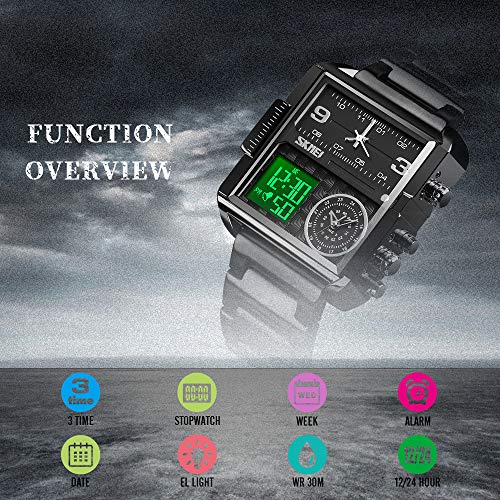 Image of SKMEI Men's Digital Sports Watch, LED Square Large Face Analog Quartz Wrist Watch with Multi-Time Zone Waterproof Stopwatch