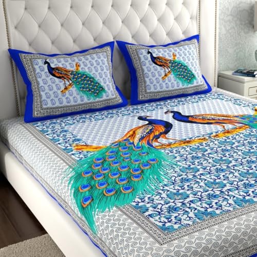 Image of UNIBLISS 100% Cotton Rajasthani Jaipuri Traditional Floral King Size Double Bed Bedsheet with 2 Pillow Covers - (Multicolor Bedsheets008)