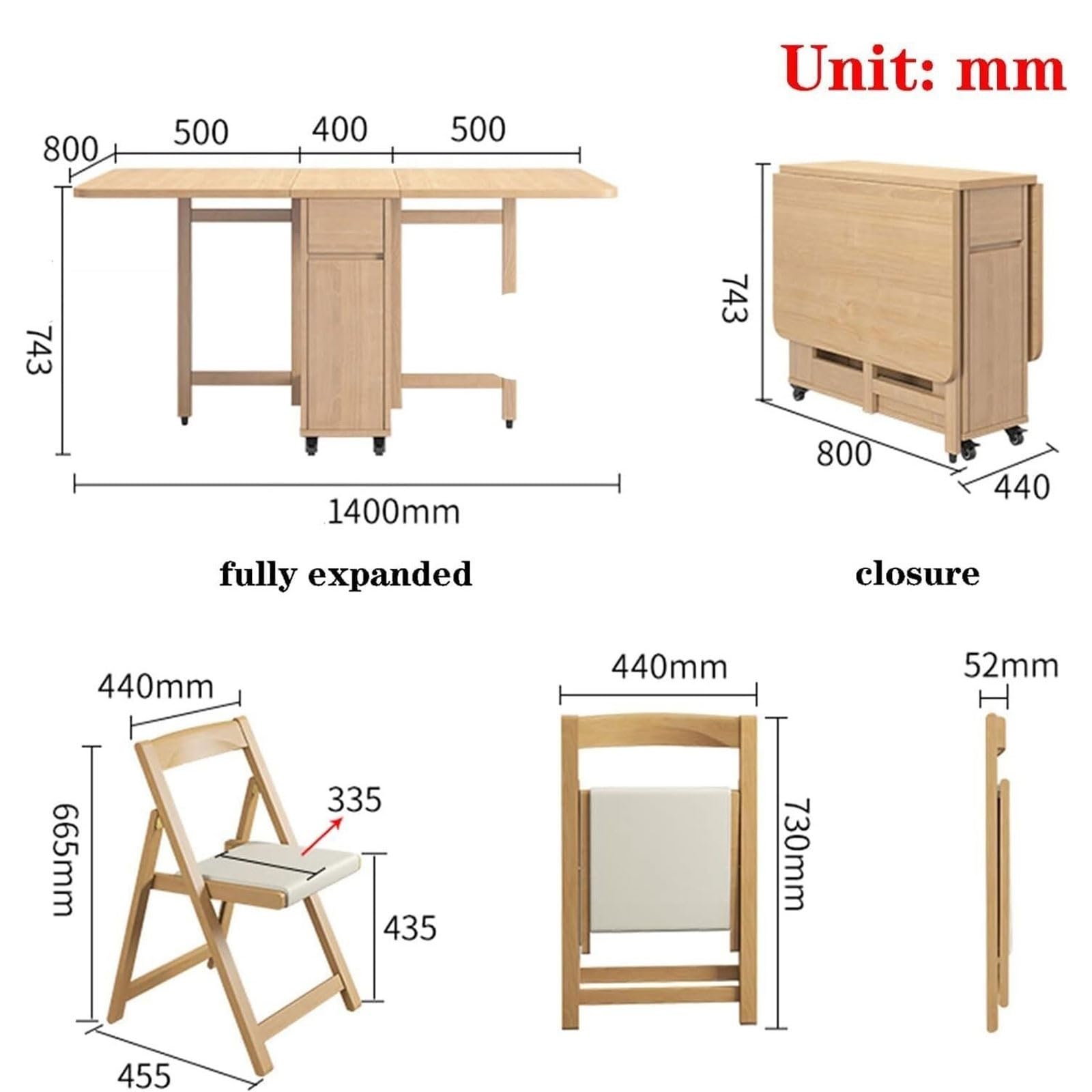 Mesa de Cocina Plegable de Madera Maciza Estilo Rústico | Móvil, Sin Necesidad de Montaje, Ahorra Espacio