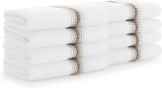 Aston & Arden Aegean Ombre Stripe Washcloth, Pack of 8, 100% Turkish Cotton 600 GSM Soft Absorbent Face & Body Wash Towels for Bathroom, Spa or Hotel, 13 x 13 in, Sand
