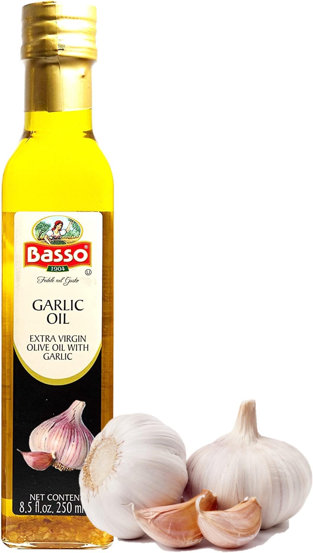 BASSO 1904 - Garlic Oil, Infused Premium Extra Virgin Olive Oil, 8.5 Fl Oz (250 ml), Cooking, Dipping, Dressing, and Tasting