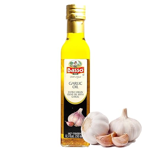 Aceite de oliva virgen extra virgen de alta calidad con infusión de ajo, 8.5 onzas líquidas (8.5 fl oz), cocinar, sumergir, aderezar y degustar,