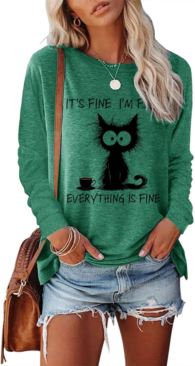 Womens Funny Saying I'm Fine Everything is Fine Sweatshirt Humor Graphic Tee Casual Loose Long Sleeve Cute Cat Tops