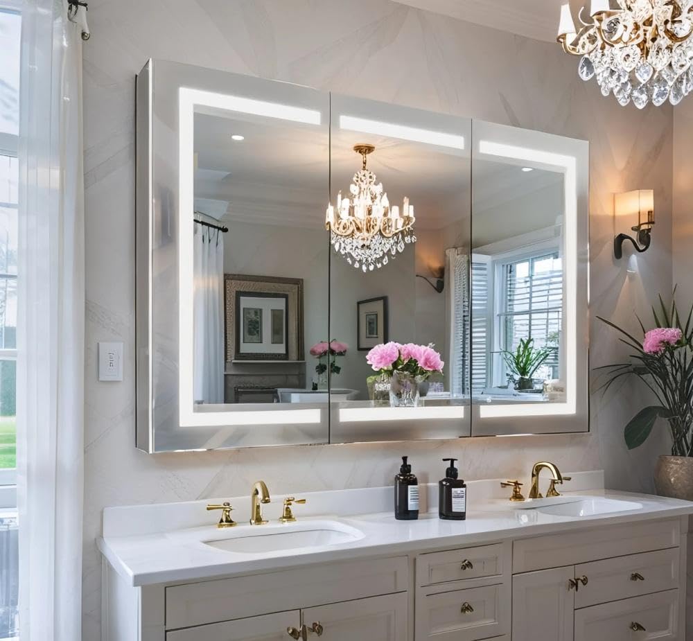 LSISRGDB 54" W x 36" H Lighted Medicine Cabinet with Mirror for Bathroom - Front & Backlit LED, 5X Magnifier Mirror, Stepless Dimming & Anti-Fog |