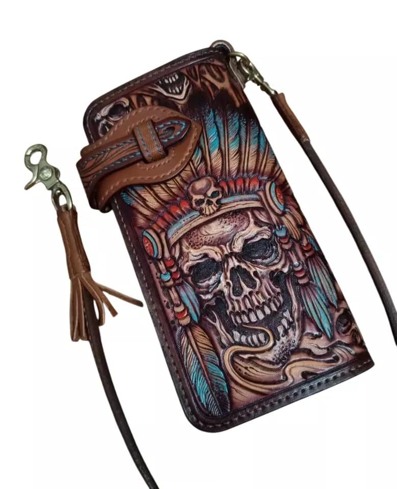 Indian Skull Chief Native American Leader Long Wallet, Card Holder, Apache, Headdress, Red Man, Men's 3D Genuine Leather Long Wallet, Carved wallet, Tooled wallet, Handmade Custom wallet, Personalized wallet, A2