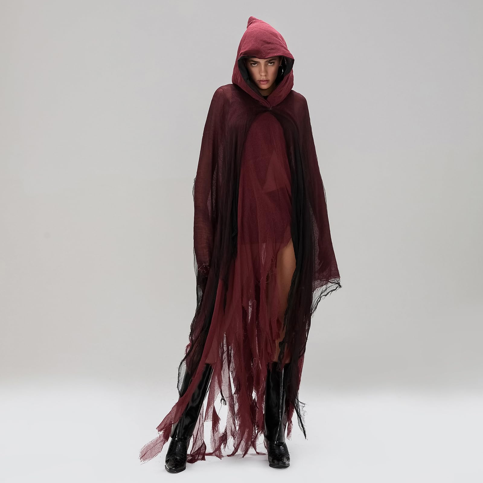 SANSIWU Women's Halloween Ripped Witch Cloak Adults Terrifying Reaper Ghost Cape Medieval Renaissance Scream Grim Cosplay Outfits (A-Red - Image 4