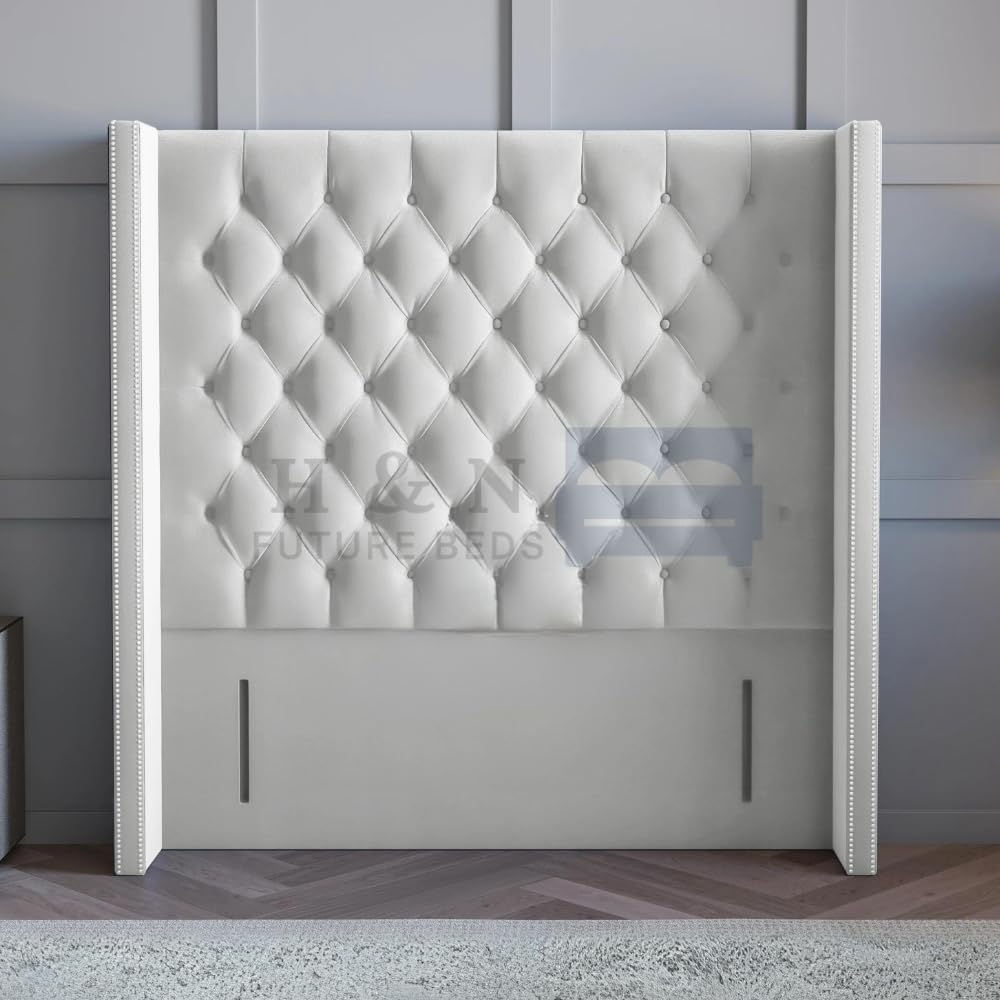 H&N Future Beds | 54″ Plush Chesterfield Winged Back Headboard with Beads | Floor-Standing Headboard for Divan Beds – Available in Single, Double, King, and Super King (Cream Plush, 3FT Single)