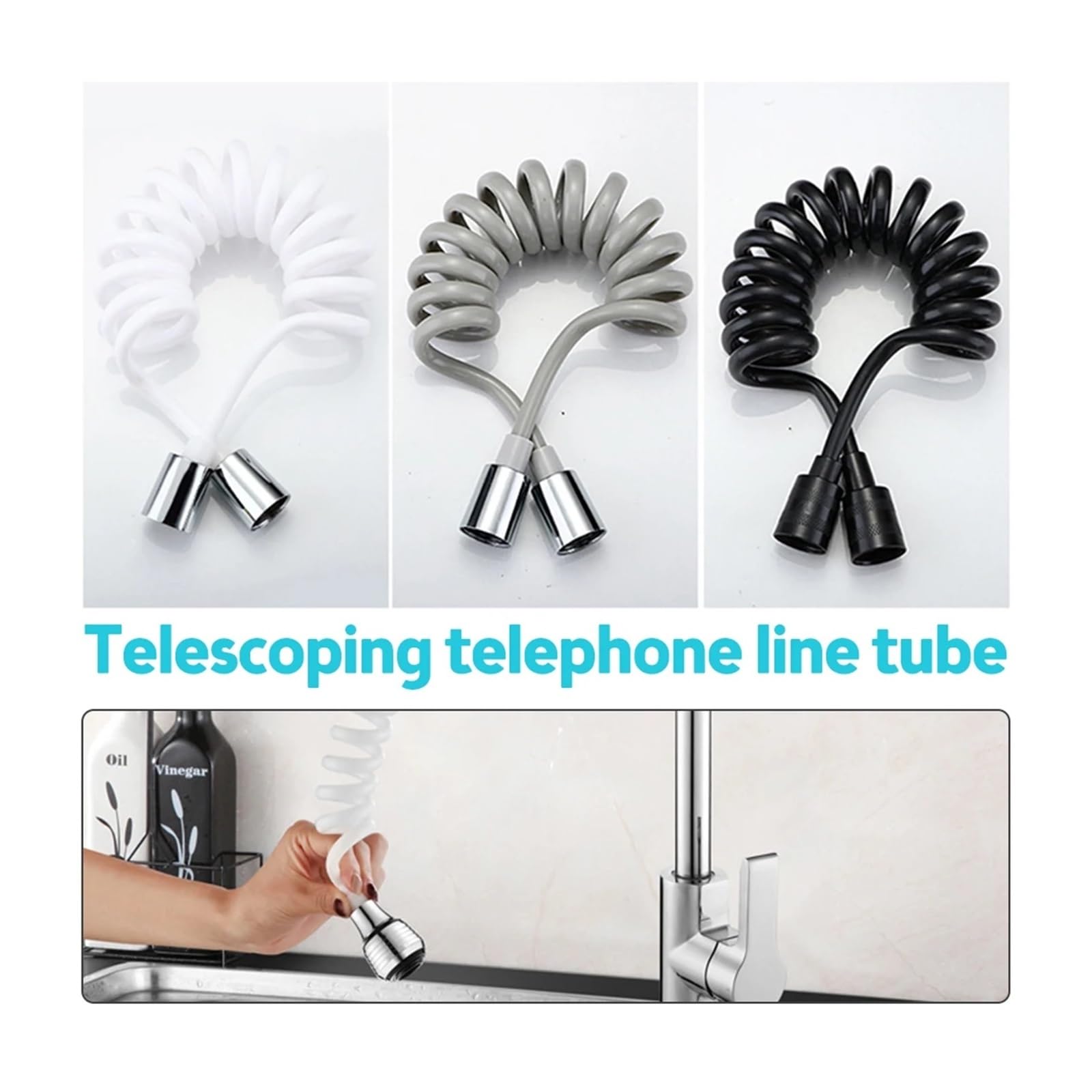 1,5 m Telefonleitungsstil Feder Flexibler Brauseschlauch Wasser Sanitär Toilette Bidet Sprayer Verbindungsrohr Badezimmer Zubehör(Black)