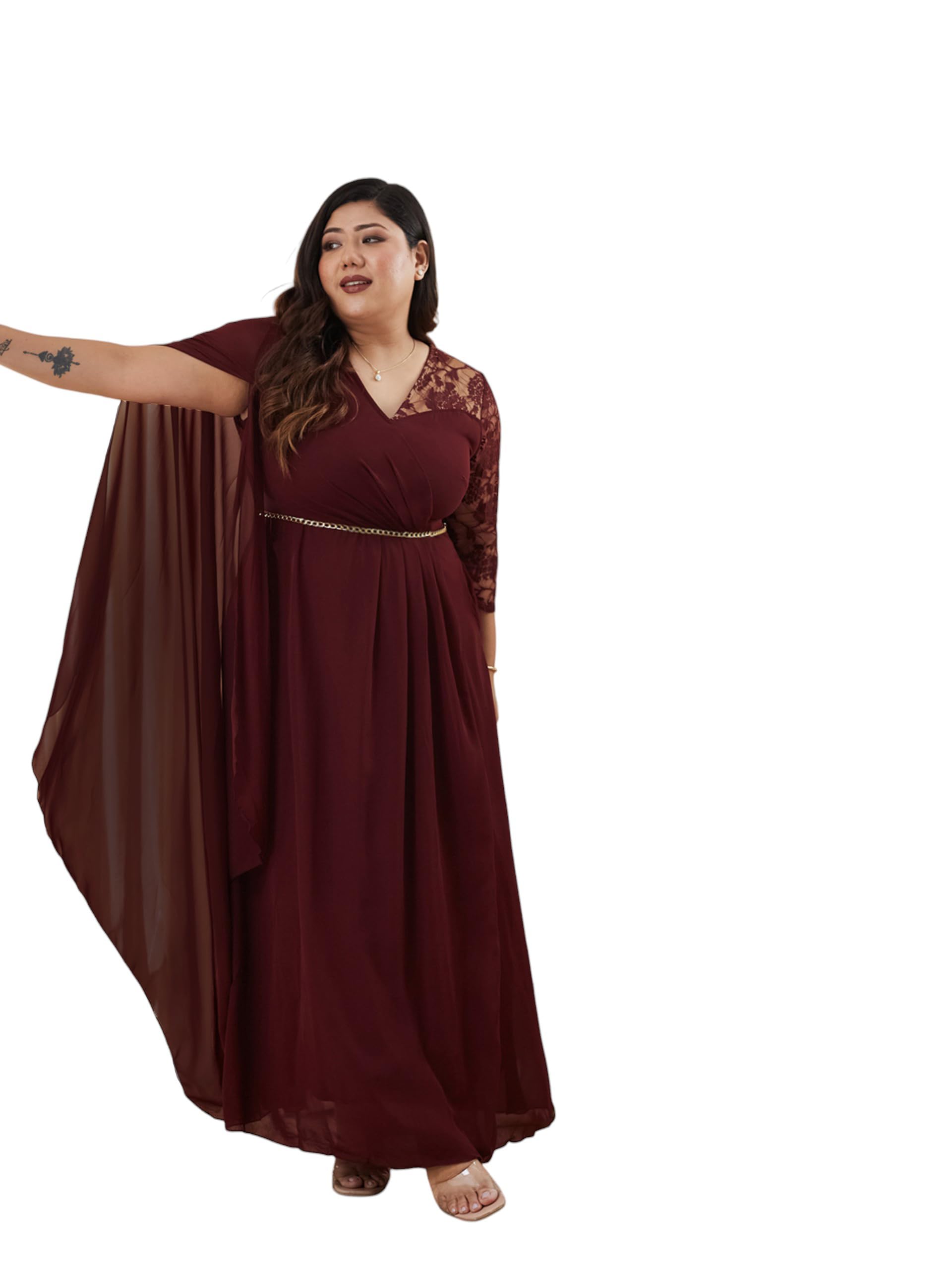 miss chase a+ Women's V-Neck Three-Quarter Sleeve Self- Designed Asymmetric Georgette Maxi Dress-picture-2