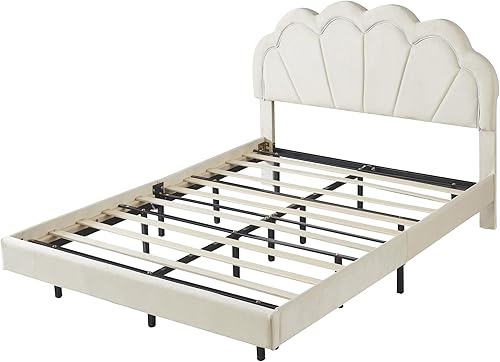 Miniatura 6 de Cama de plataforma LED tapizada de terciopelo de tamaño matrimonial con otomana de almacenamiento, juegos de dormitorio de 2 piezas, elegante cama