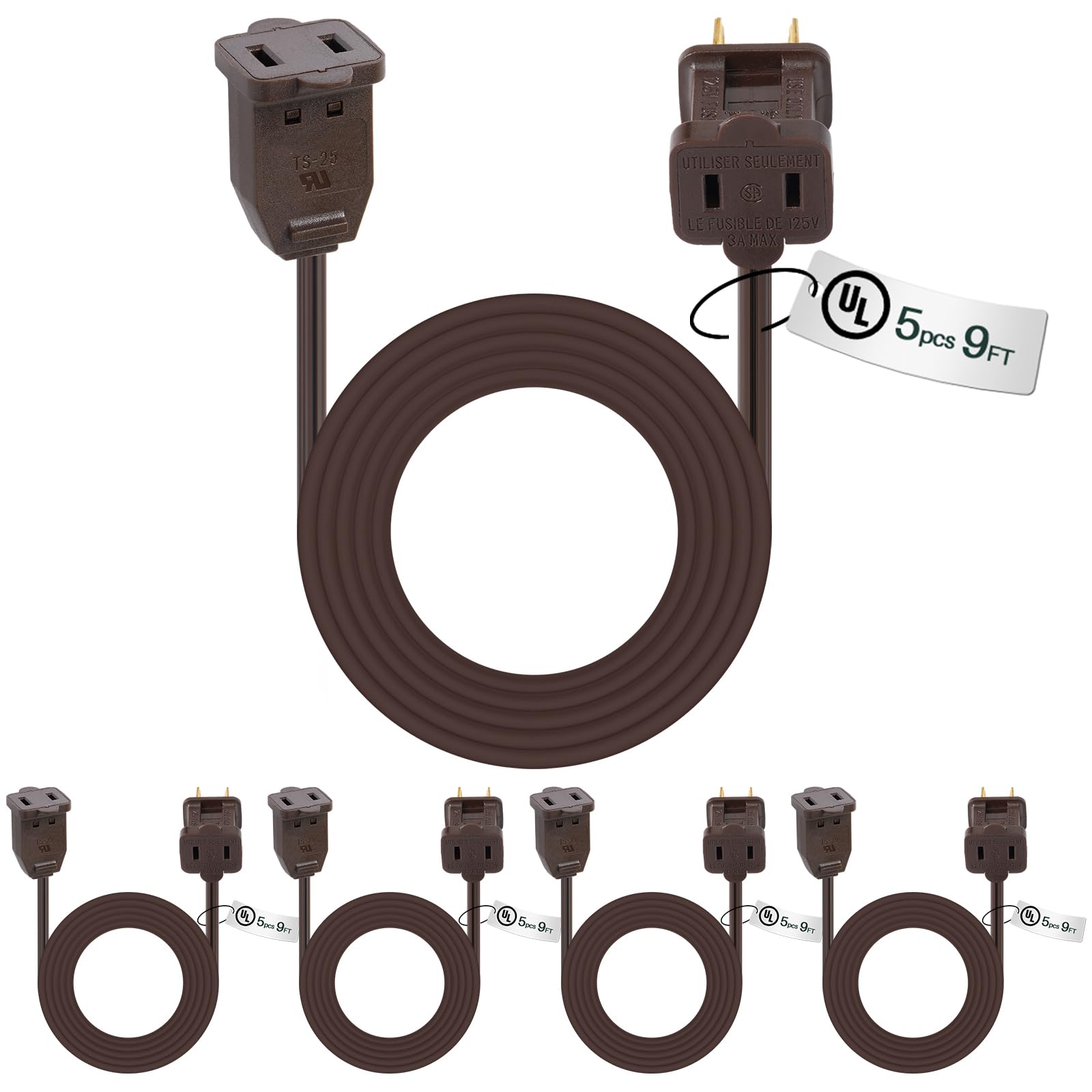 Kanayu 5 Pack Brown 9 ft Indoor Extension Cord 2 Prong Electric Cord Extender, Wire Plug in and End, Ac 120 Volts, for Outdoor Christmas Connect or Extend