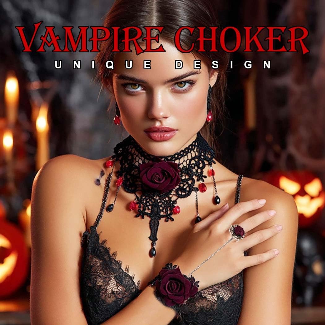 ACEDRE Gothic Lace Rose Necklace Bracelet Set Black Dark Red Vampire Victorian Halloween Jewelry Sets for Women - Image 5