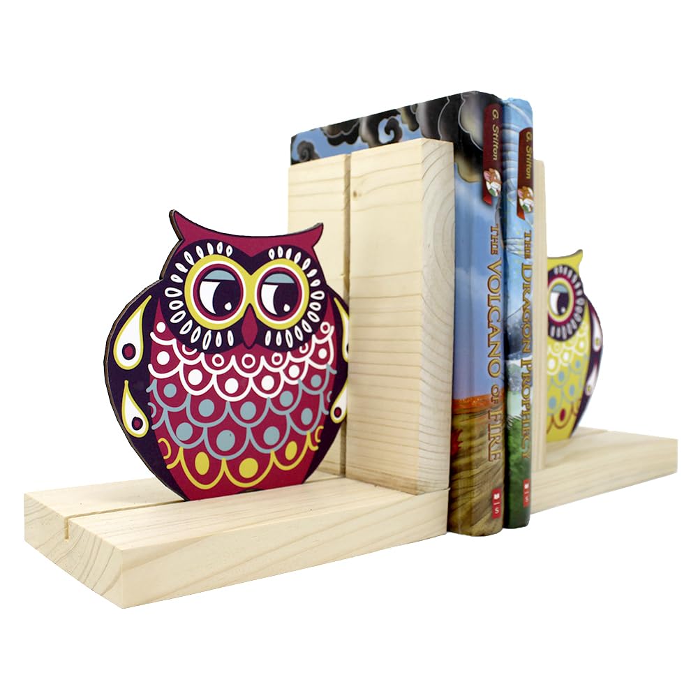 The Rosette Imprint Shaped Wooden Bookend for Kids - Fun Decorative Book Holder for Children's Shelf - Sturdy & Child-Safe Room Décor - Owl Design 1