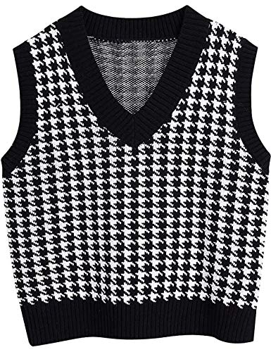 Locachy Women's Houndstooth Pattern Preppy Style V-Neck Sleeveless Knit Pullover Sweater Vest