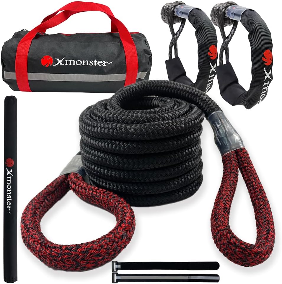 Kinetic Recovery Tow Rope Snatch Rope Strap3/4 x 20' (MBS 22,000 lbs) and 2 Soft Shackles (35,000bs), Free Durable Handbag Offroad Recovery Kits