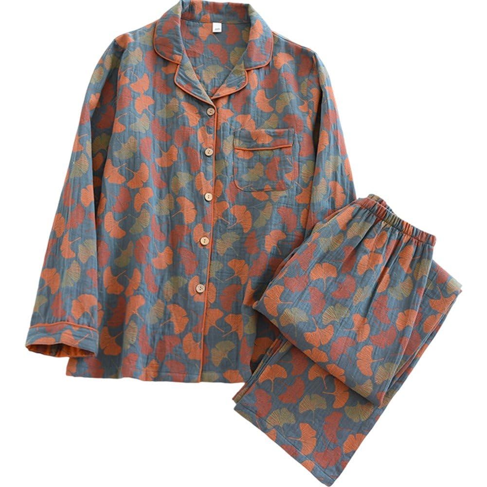 Pyjama femme col en V imprimé feuilles avec chemise boutonnée et pantalon large fluide