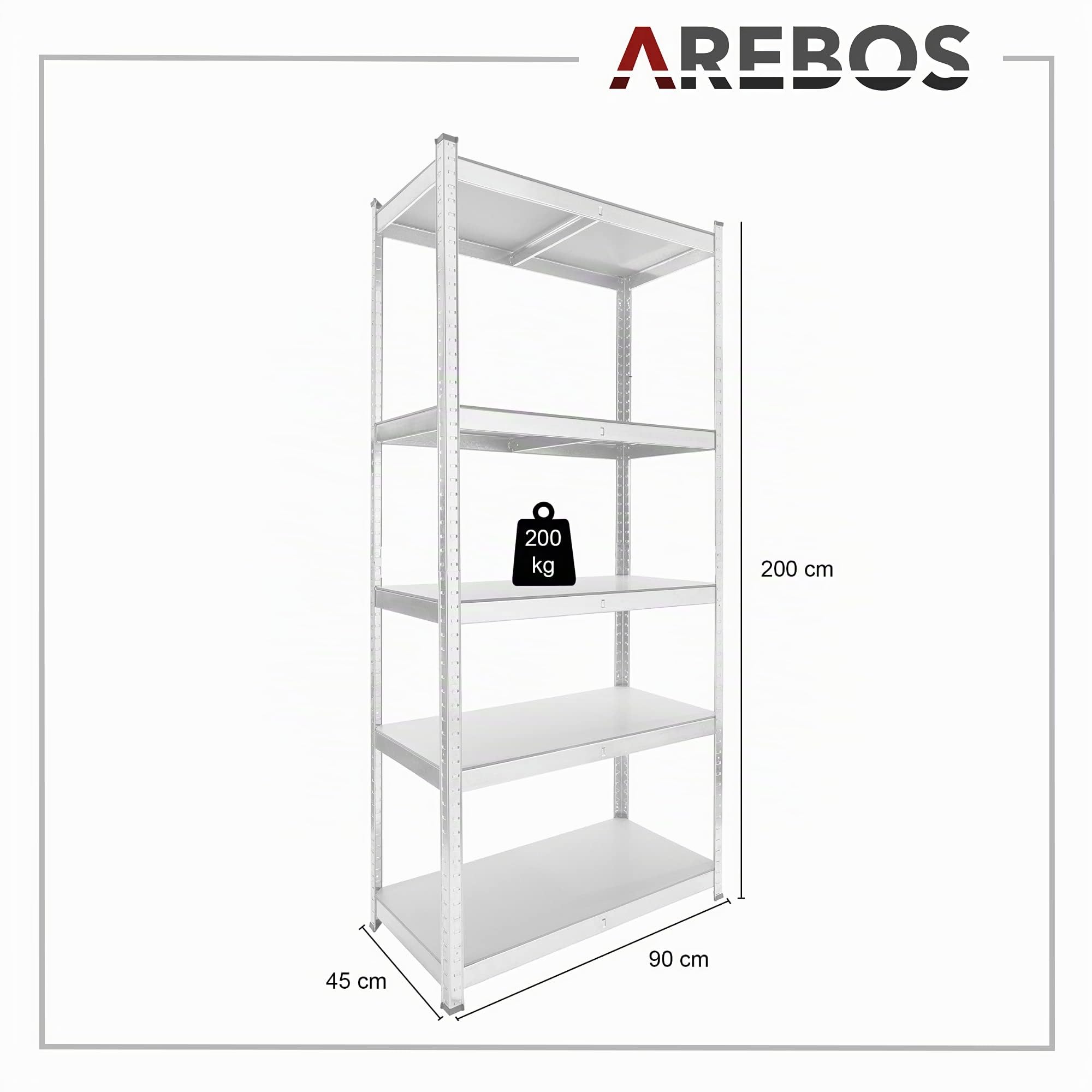 Arebos Estanteria Metalica | Estanterias Almacenaje 200x90x45cm | 1000 kg | Estanterías Metálicas | Estanterias Metalicas Almacenaje | 5 Baldas