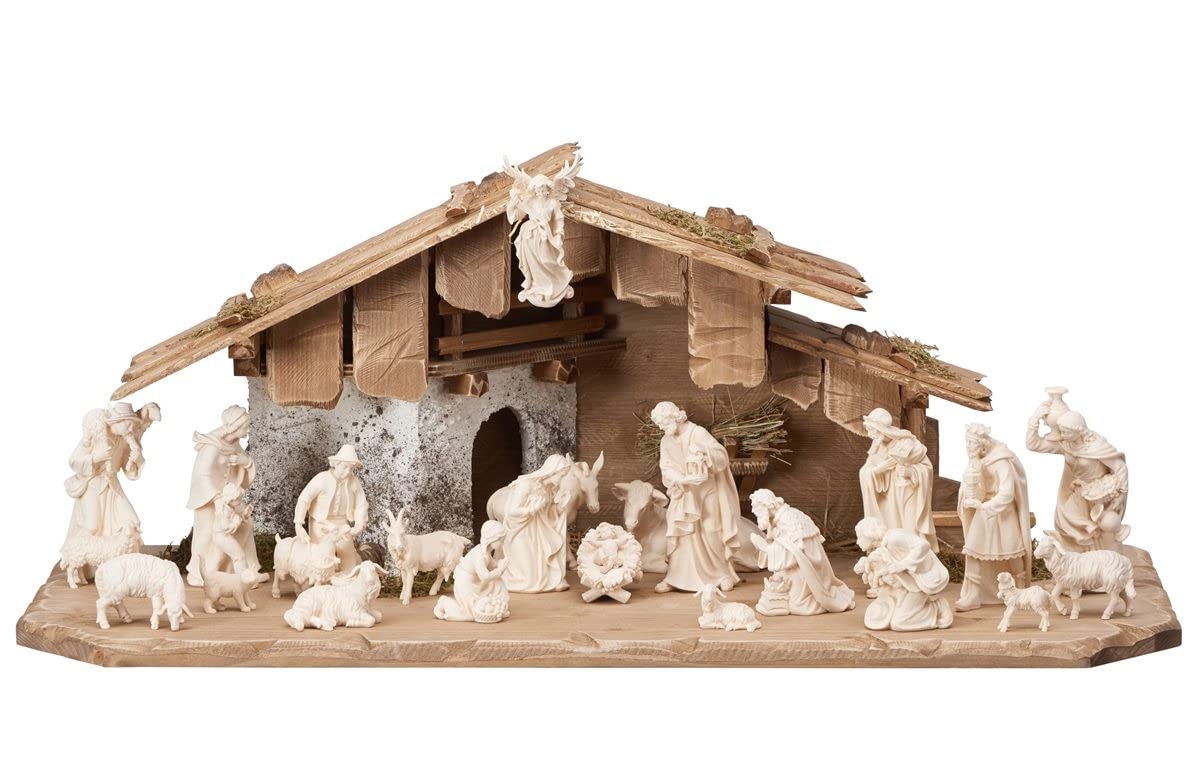 Generico Komplett-Set Weihnachtskrippe aus Holz mit Hütte 24 Teile, handgefertigt im Gardenaal - Version mit natürlichen Figuren (Höhe Josef 12 cm)