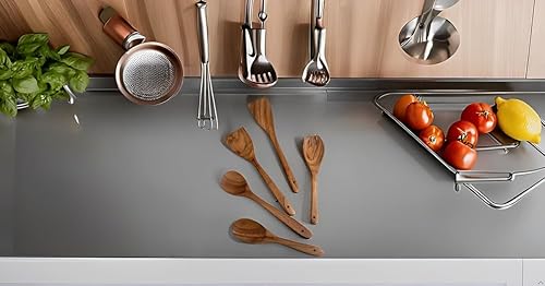 Miniatura 4 de Juego de 5 cucharas antiadherentes de madera de acacia para cocinar, utensilios de cocina de madera, cuchara, tenedor y volteador, cucharón y