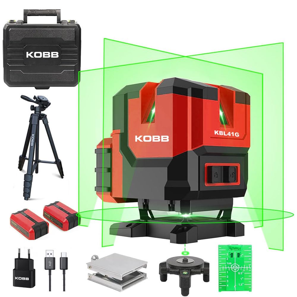 KOBB KBL41GTP 30Metre 4x90⁰/1x360⁰ Otomatik Hizalamalı Li-ion Çift Akülü Profesyonel Yeşil Çapraz Çizgi Lazer Distomat + Tripod