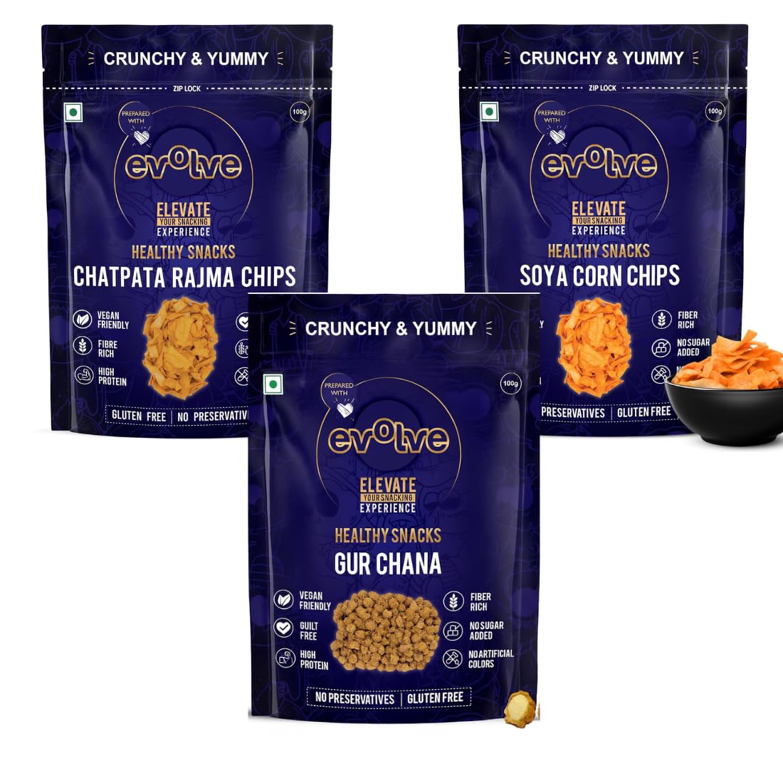 Healthy Indian Snacks Pack of 3 Mean Beans Combo | Chatpata Rajma Chips | SOYA Corn Chips | Gur Chana | All Natural Beans | Vacuum Cooked | Immunity Boosting | Guilt Free Snacking |