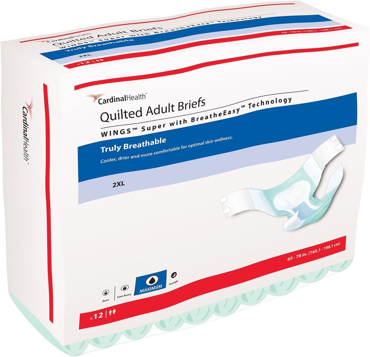 Cardinal Health™ Quilted Adult Briefs, Wings™ Super with BreatheEasy™ Technology, Maximum Absorbency, XX-Large - Case of 48