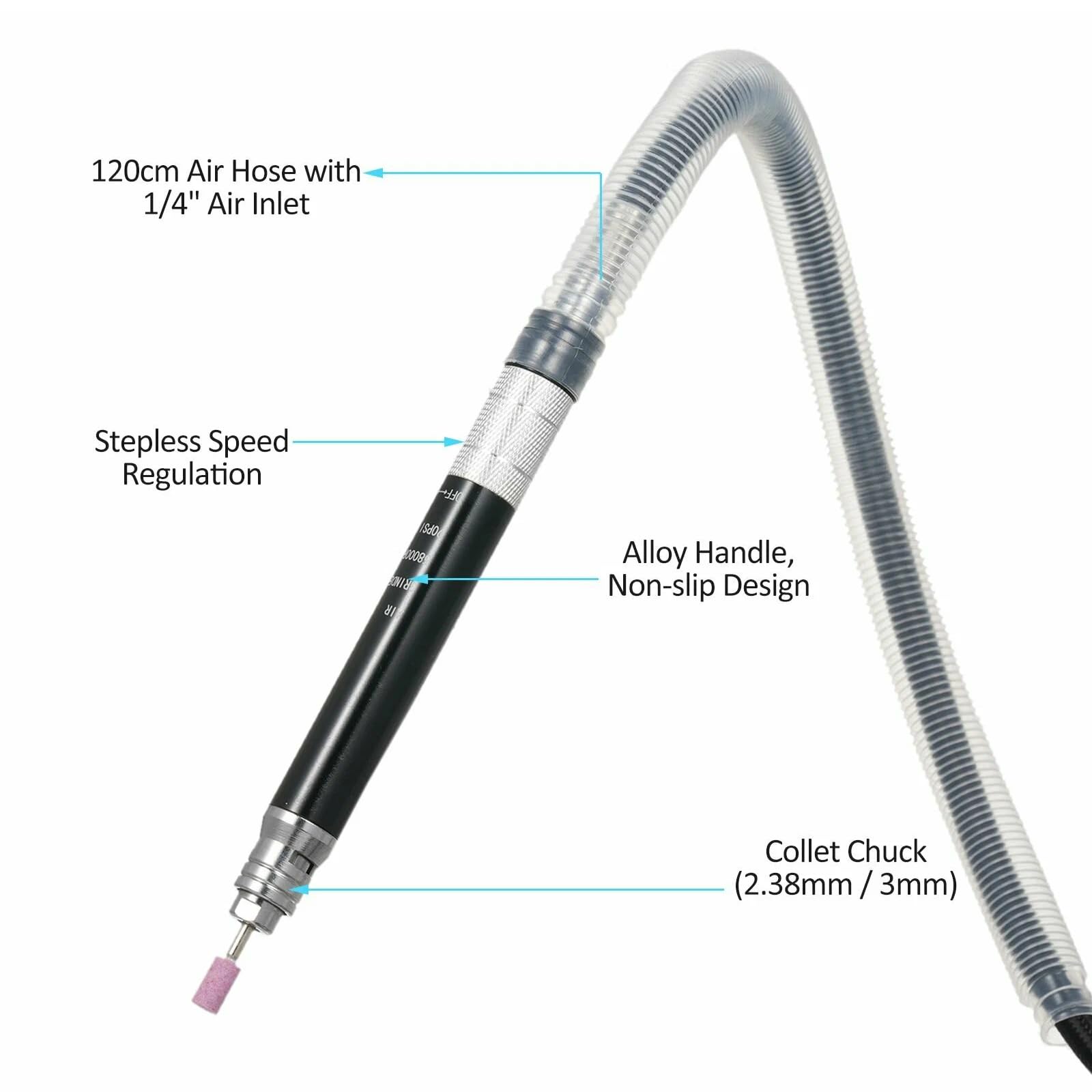Micro Broyeur Pneumatique, 65000 Tr/Min Micro Meuleuse Droite à Air Stylo Broyeur à Crayons, Mini Meuleuse Rectifieuse Pneumatique Perceuse Pour Le Polissage, La Gravure Et La DéCoupe