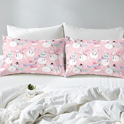 Miniatura 5 de jejeloiu Juego de sábanas de Navidad rosa tamaño matrimonial, juego de sábanas de muñeco de nieve para niños y niñas, sábanas de árbol de Navidad