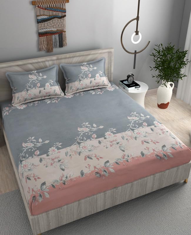 STAR TEX Cotton Blend Elastic Fitted King Size Bedsheet with deep Pockets | Soft and Breathable Fabric |Durable Fabric |with 2 Pillow Cover (72 * 78 inches)|