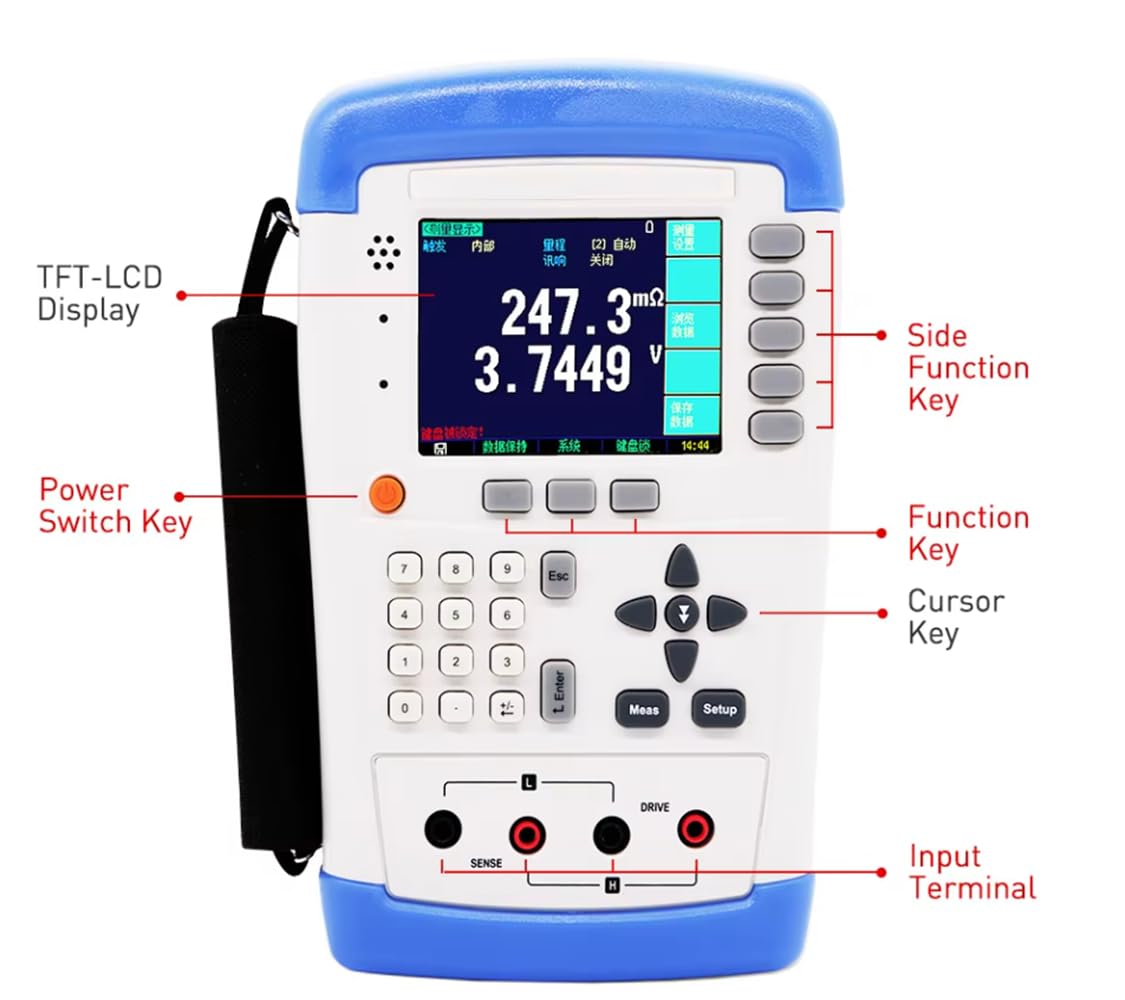 Digital Battery Internal Resistance Tester Battery Meter with Accuracy 0.5% 0.1mΩ-200.0Ω Resistance 0-50V DC Voltage 3200 Digits Display 500 Groups Data Storage USB for All Kinds Batteries