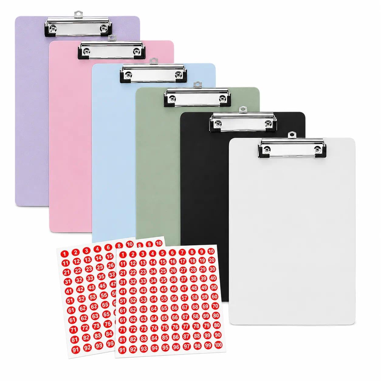 6 Pack A5 Clipboards, 225 x 157mm Plastic Clip Boards with Number Stickers