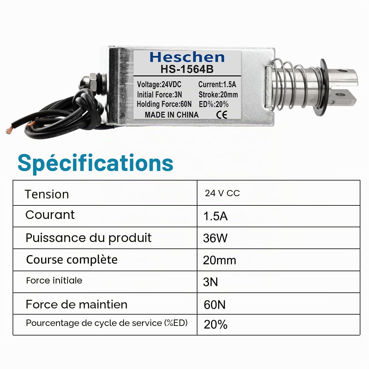 Heschen Électroaimant solénoïde, HS-1564B, DC24V 1.5A, course 20 mm, force 60N, type Push Pull, cadre ouvert, mouvement linéaire