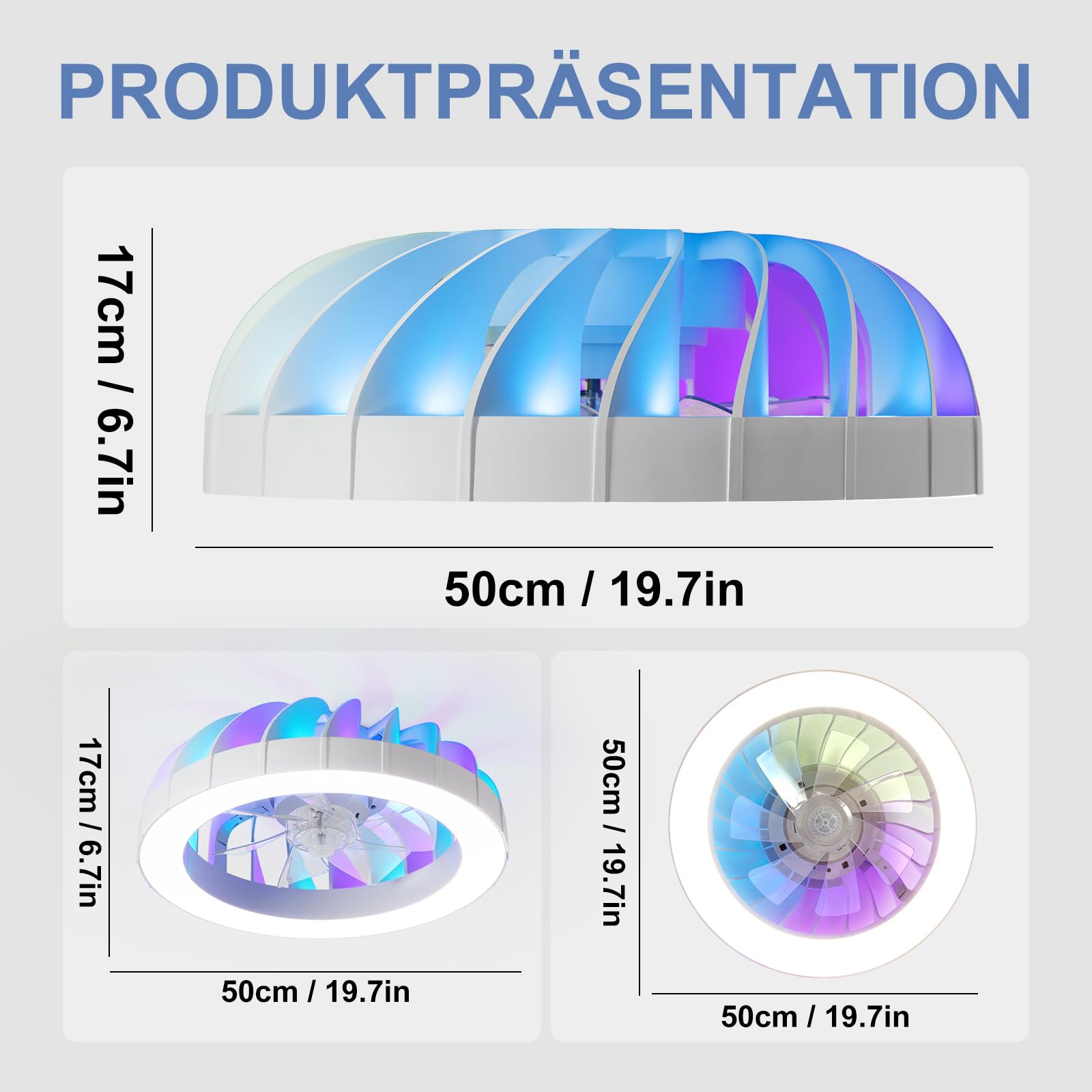 RGB Deckenventilator mit Beleuchtung, 6 Windstufen | Ø50CM RGB Deckenventilator mit Licht und Fernbedienung, Dimmbar Deckenleuchte mit Ventilator Leise, Wohn