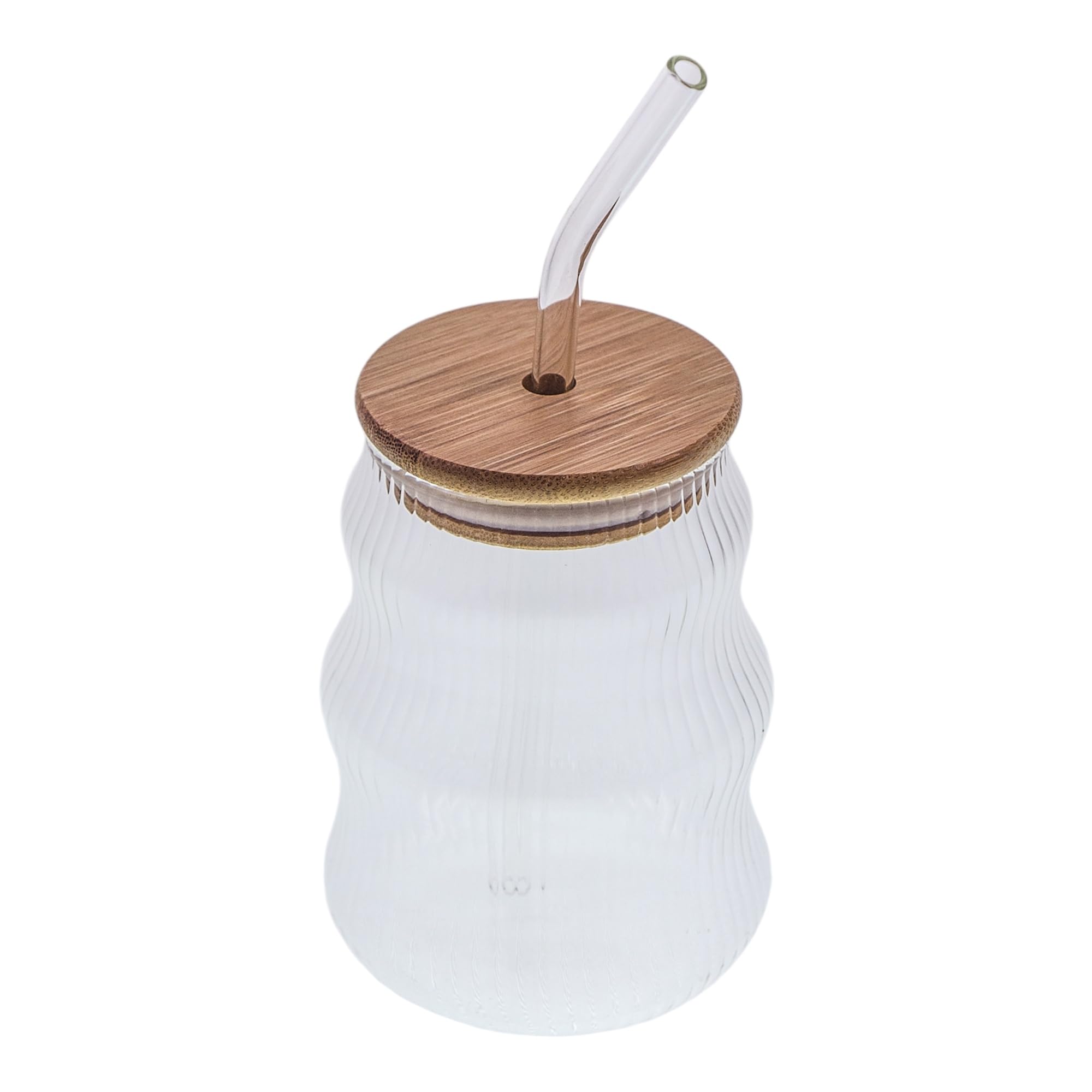 renovon 500ml Bambu Kapaklı Cam Bardak, Cam Pipetli Silikon Kapak Contalı İnce Çizgi Desenli Sıcak Soğuk İçecekler için Kahve Meyve Suları ve Çayları için Ergonomik Şık Tasarım