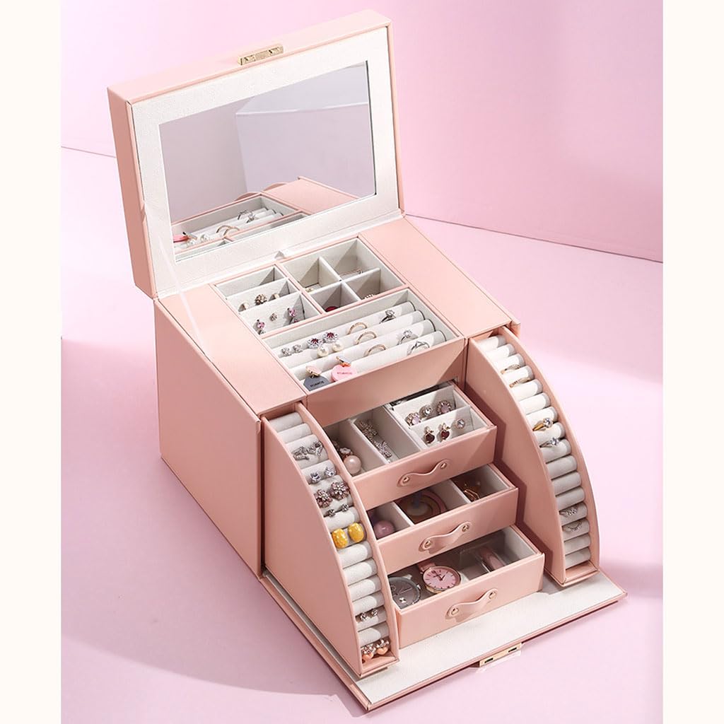 CVHfhjTG jewellery box, Jewelry Box Organizer Pink Multifunctional, Storage Case Built in Mirror, for Necklace Earrings Bracelets Rings Women Girls(B)