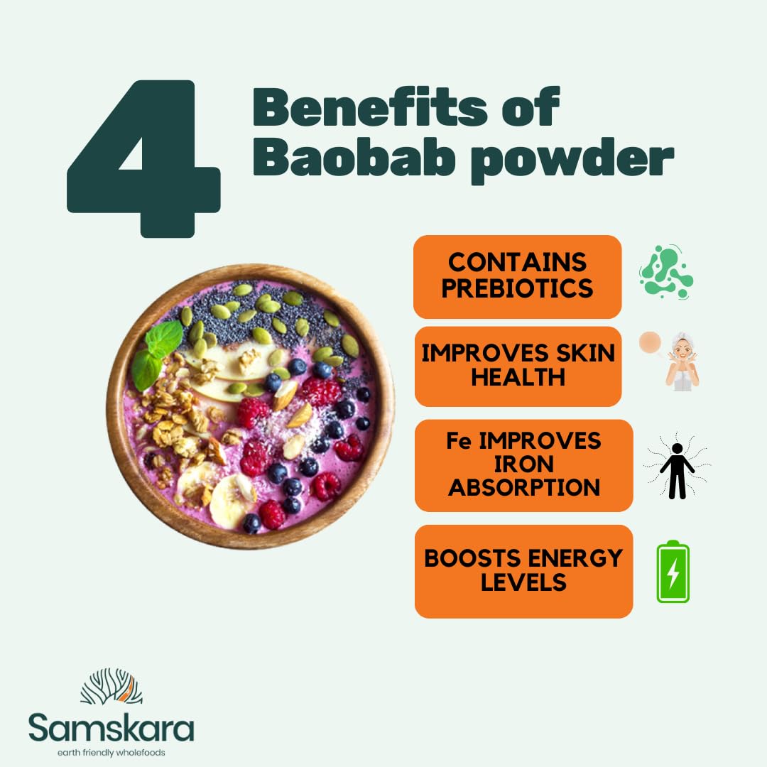 Baobab en Polvo BIO Ecologico | Calidad A+ 100% pura cruda, fuente de Vit C, Calcio, Colageno natural | SAMSKARA | Organic Baobab Powder (500gr x 1 pack) - Envasado en 2025 Frescura garantizada